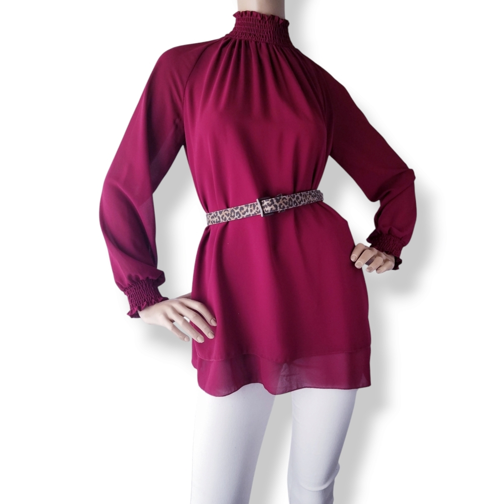 Red Double Layered Smocked & Pleated High Collar Tunic Blouse By Mocking Jay